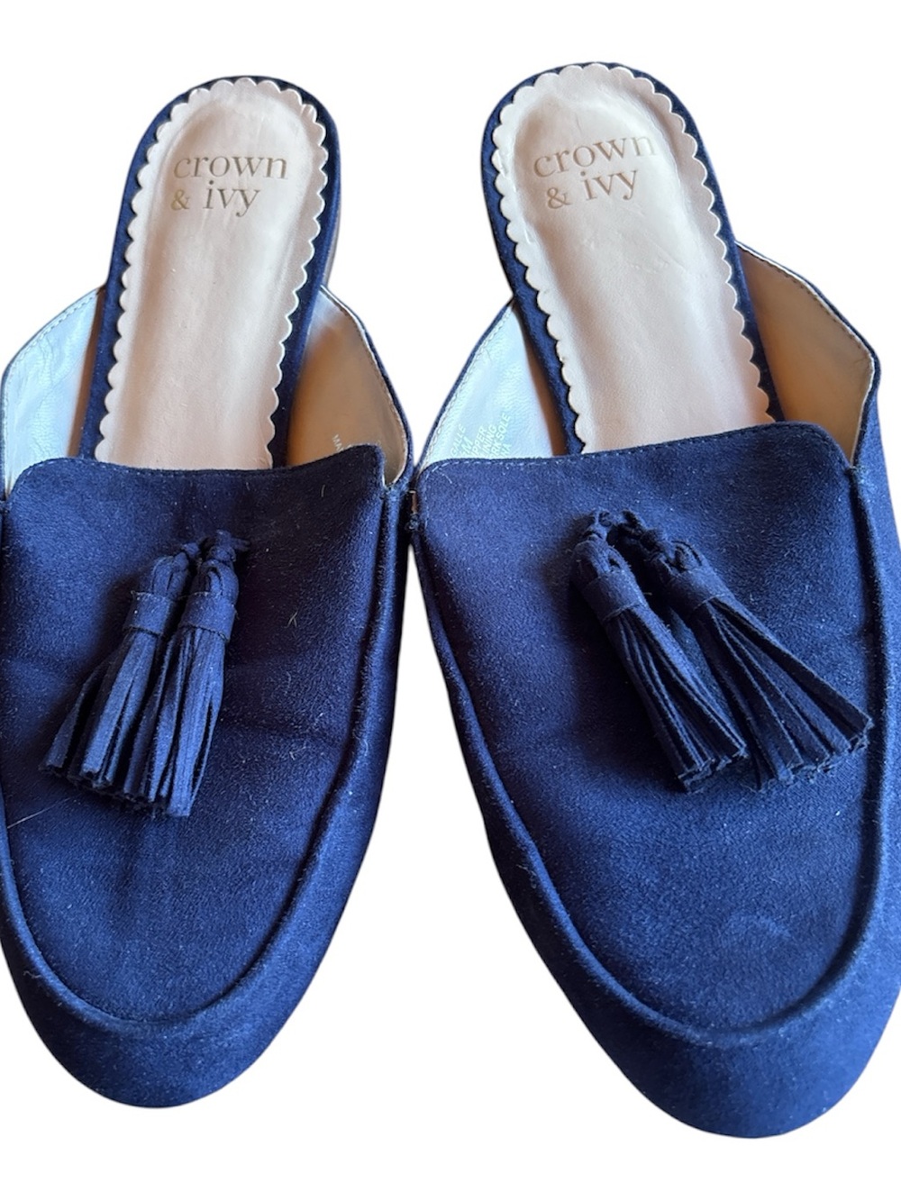 crown & ivy Navy Suede Tassel Slip-On Mules